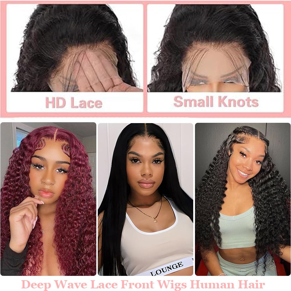 UFHUFH 28inch Deep Wave Lace Front Wigs Human Hair 13x4 Curly Human Hair Wig Pre Plucked with Baby Hair HD Transparent Lace Frontal Hair 200% Density Glueless Wet and Wavy Human Hair Wigs