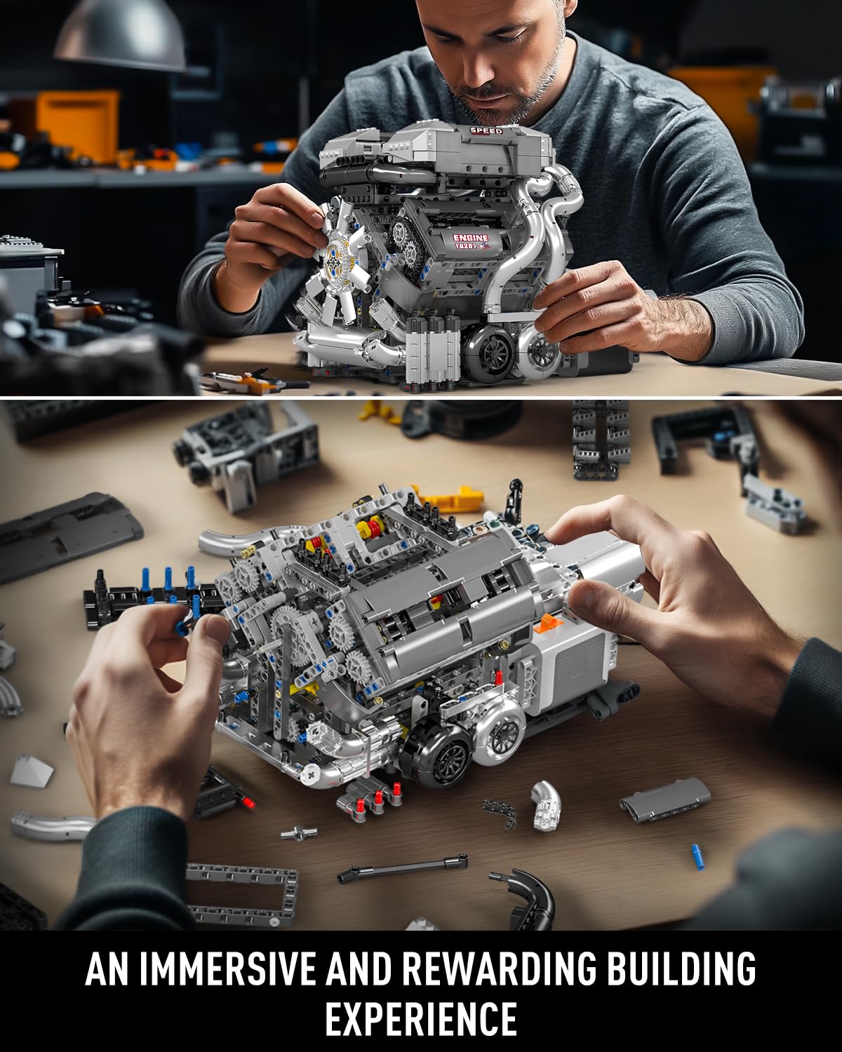 Mould King 10201 W16 Engine Model Kit, MOC Bug Supercar Engine Model with Battery and Motor, Collectable 16-Cylinder Car Engine Transmission, Shiftable Gear Operation for Kids/Adults (2024+ PCS)