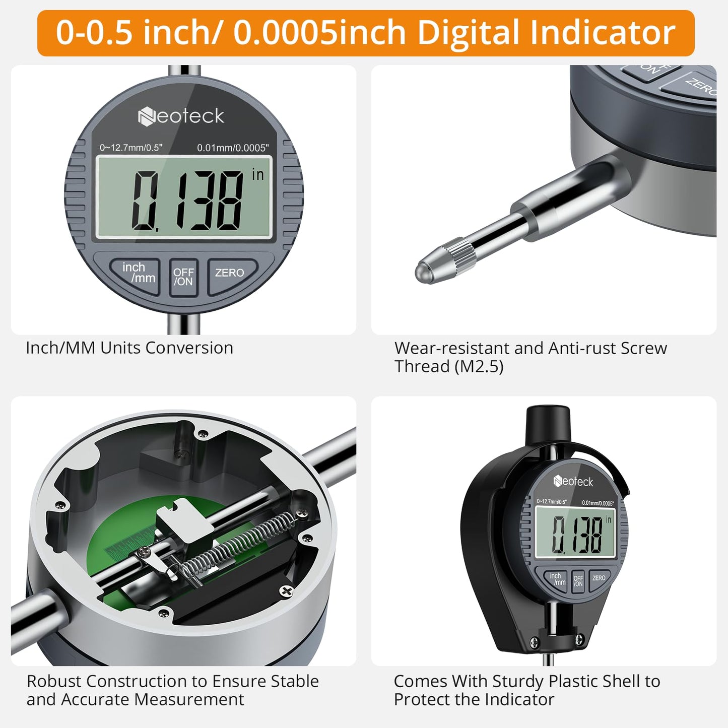Neoteck 1.4-6"/0.0005" Digital Indicator Bore Gauge Set with 15PCS Anvils 6" Measuring Depth Dial Bore Gauge with ABS Storage Box for Engine Cylinder Measurement