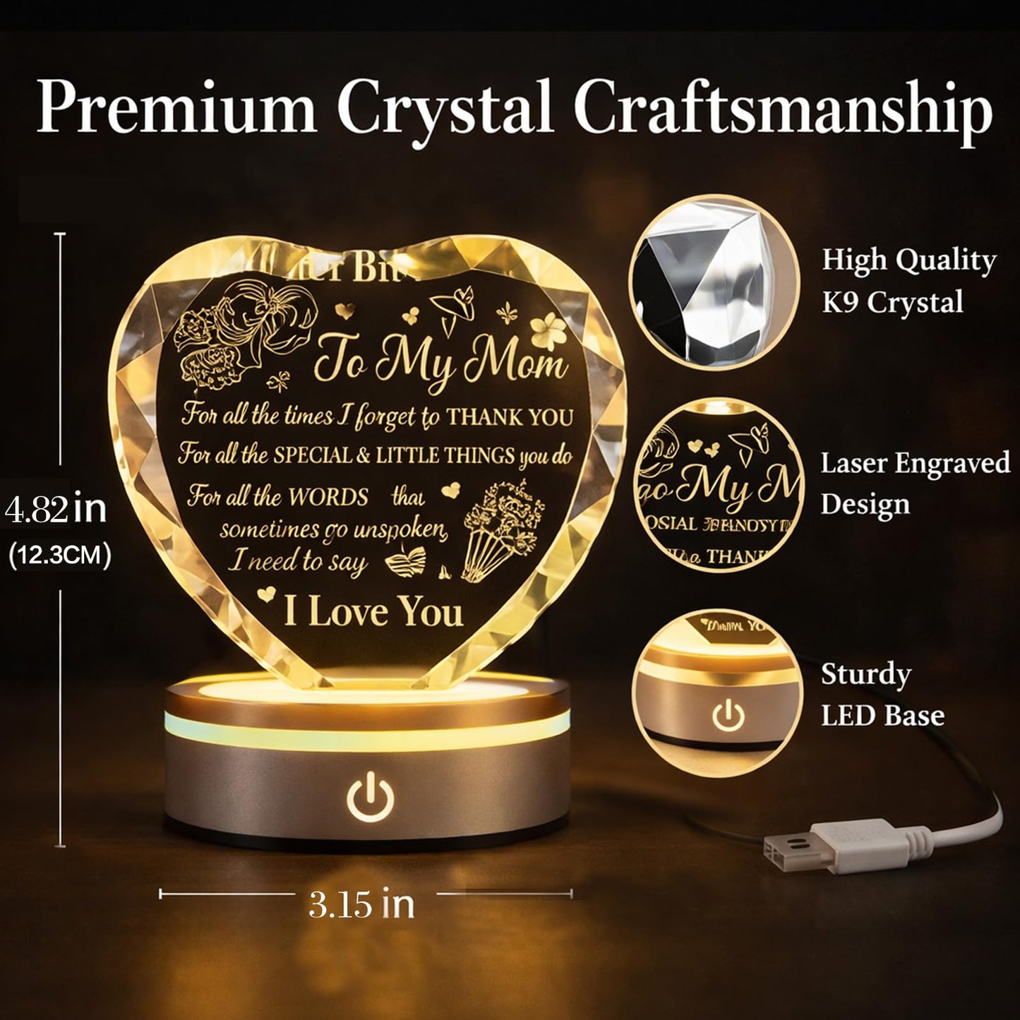Mother’s Day Gifts for Mom from Daughter or Son – Crystal Heart Keepsake with LED Base, Unique Birthday Christmas Anniversary Present, Sentimental Gift for Mother, Thank You Ornament (Mother Gift)
