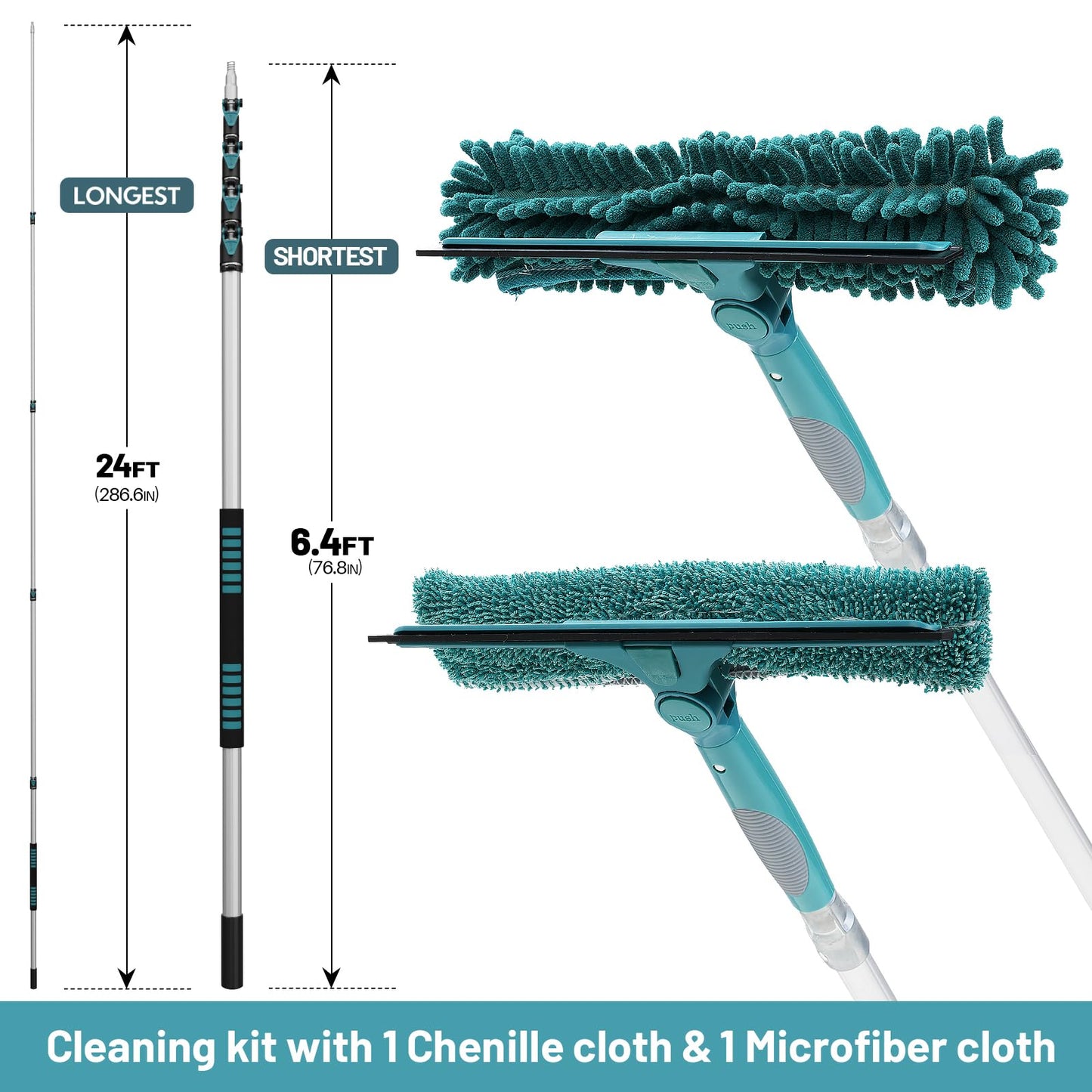 TelesPro 30 Feet High Reach Window Squeegee with 6-24 Ft Extension Pole, Window Cleaner Tool with 5-Stage Telescoping Pole, Window Cleaning Kit with Rotatable Head (2 Squeegee & 2 Microfibre Cloths)