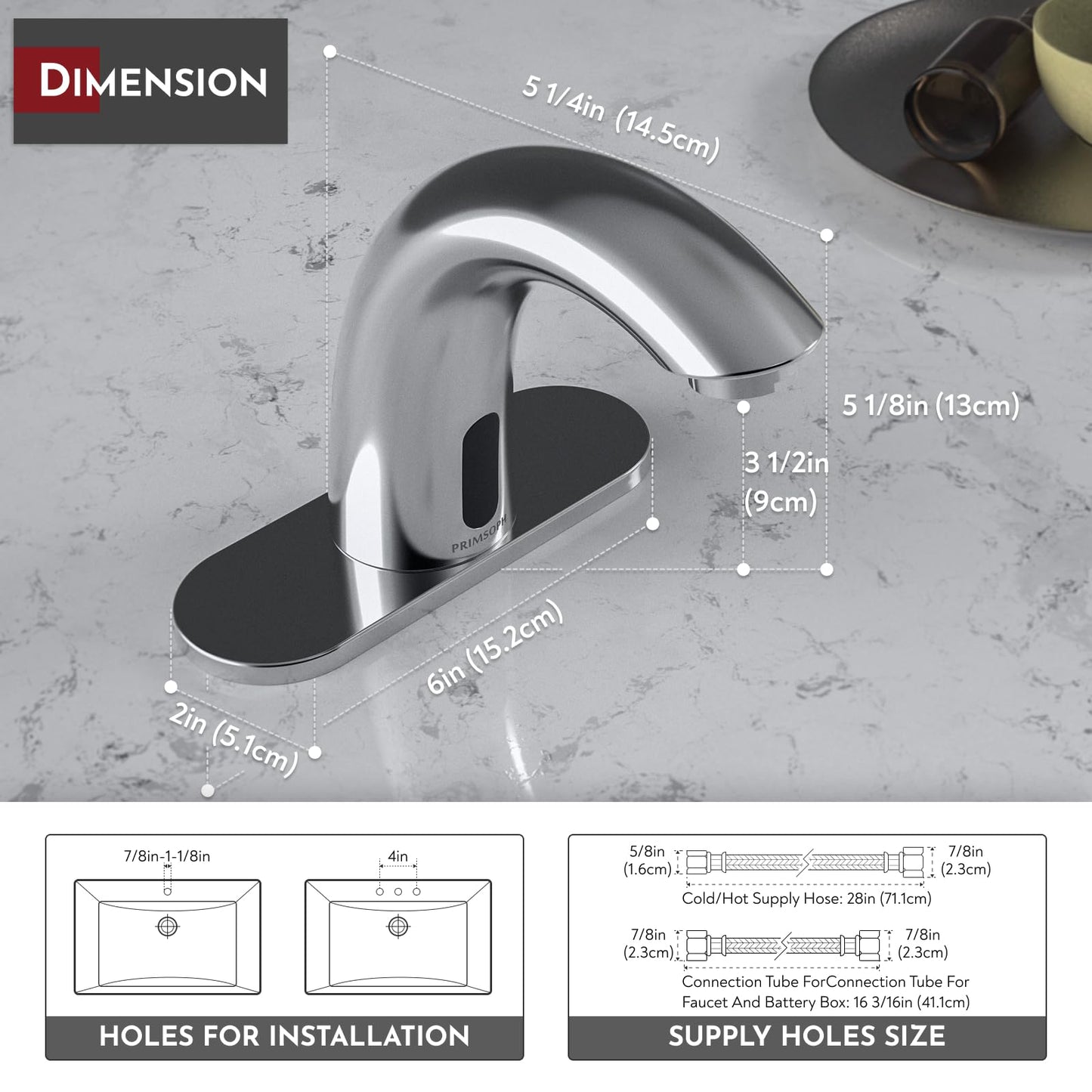PRIMSOPH Automatic Motion Sensor Hands Free Electronic Infrared Smart Commercial Touchless Bathroom Sink Faucet with Cover Plate Temperature Mixer Battery or Plug-in Powered Chrome