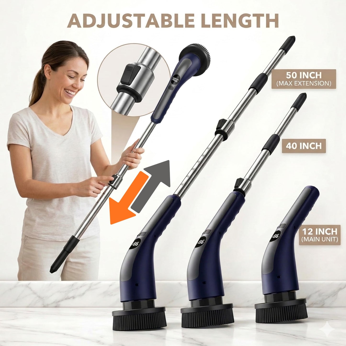 LIVINGPRO Electric Spin Scrubber with LCD Display, Cordless Cleaning Scrubber for Home, Upgraded 70W Dual Speed Motor, IPX7 Waterproof Power Scrubber, 7 Brush Heads, Extendable Long Handle