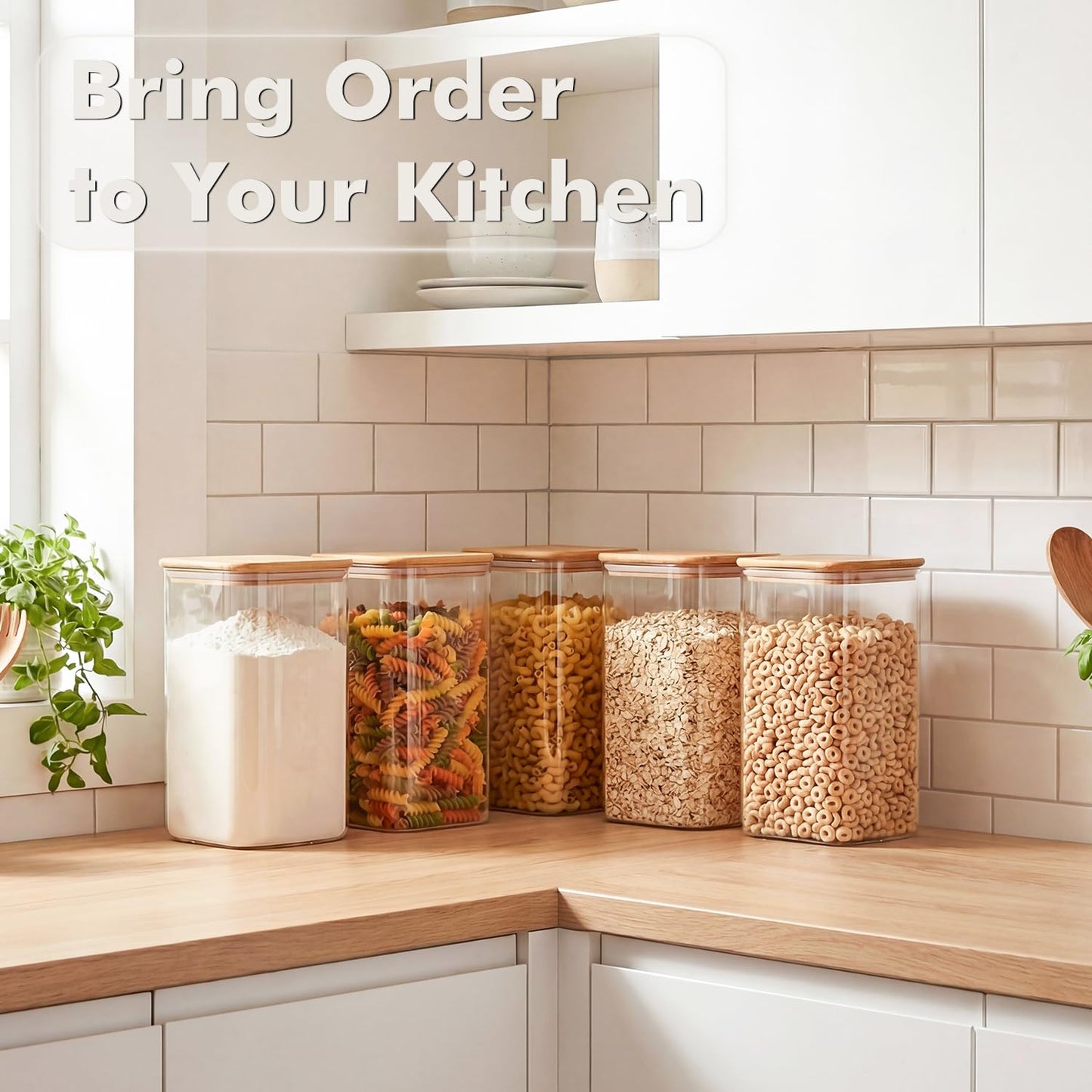 Xoniwis 2-Pack 4.6Qt Large Glass Flour Sugar Storage Containers with Bamboo Lids, Wide-Mouth Food Jars with Measuring Cups for Baking, Gallon Glass Storage Pantry Jars for Sugar, Flour, Rice, Oats