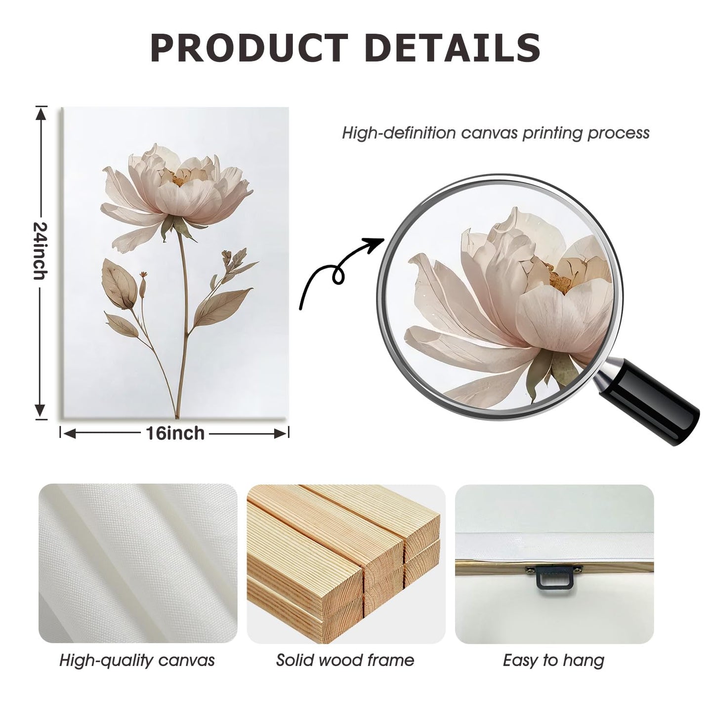 AUUAUU Elegant Neutral Floral Wall Art Set of 3 Framed Boho Botanical Aesthetic Canvas Prints Peony Anemone Flower Art Posters 16x24 Inch Minimalist Wall Decor for Home Kitchen Living Room Bedroom