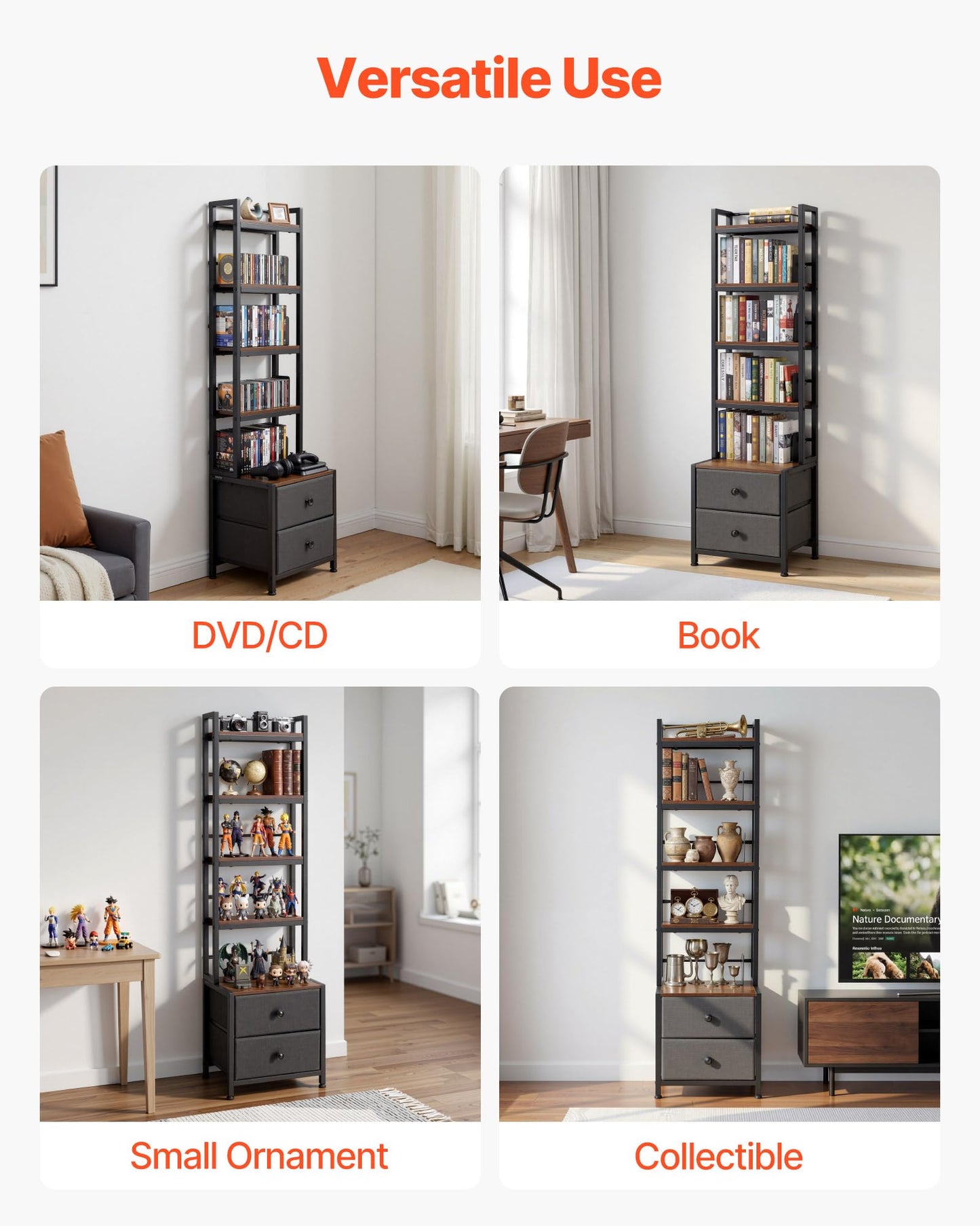 VEVOR Media Storage Cabinet, 4-Shelf DVD Shelf Organizer with Drawers, 15.75 x 11.81 x 56.50 in Multimedia Storage Organizer for CDs, DVDs, Books and Games, CD Cabinet for Living Room, Home Office