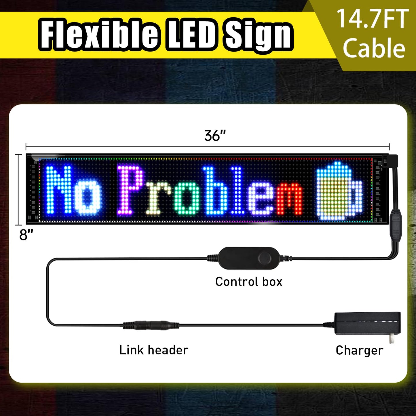 sasecgo Programmable LED Signs | Message Scrolling LED Display for Indoor | Flexible LED Advertising Sign | Bluetooth APP | Custom Editor Animations/Text/Graffiti (36""x 8""), black
