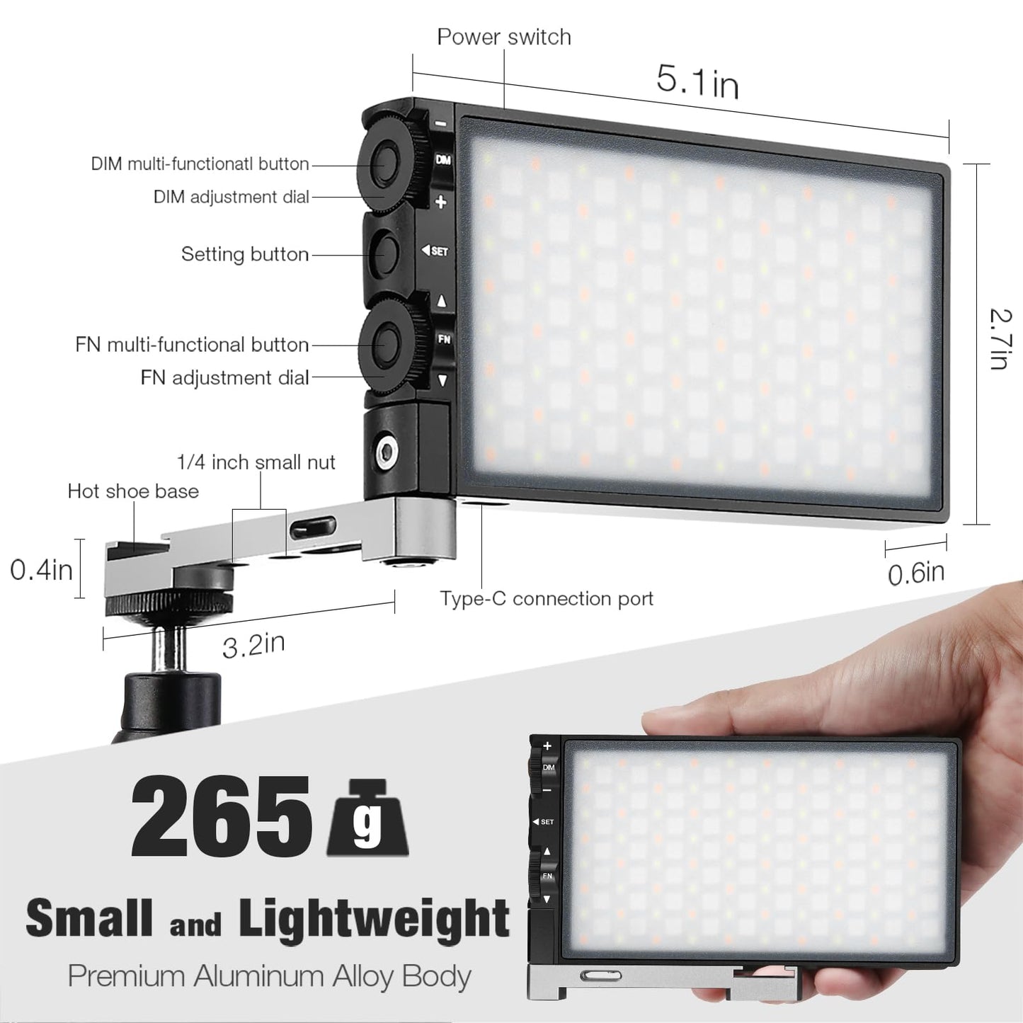 Pixel G1s RGB Video Light with APP Control, Built-in 12W Rechargeable Battery LED Camera Light, 10 Common Lighting Effects, CRI≥97 2500-8500K RGB Video Light with Aluminum Alloy Body