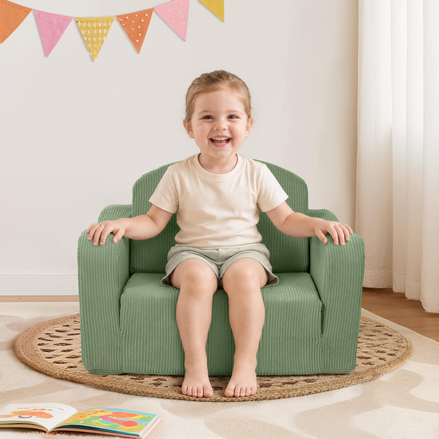 Airpanda Comfy Kids Chair and Couch, 2-in-1 Convertible Kids Sofa, Soft Fold-Out Design, Removable Washable Cover, Green