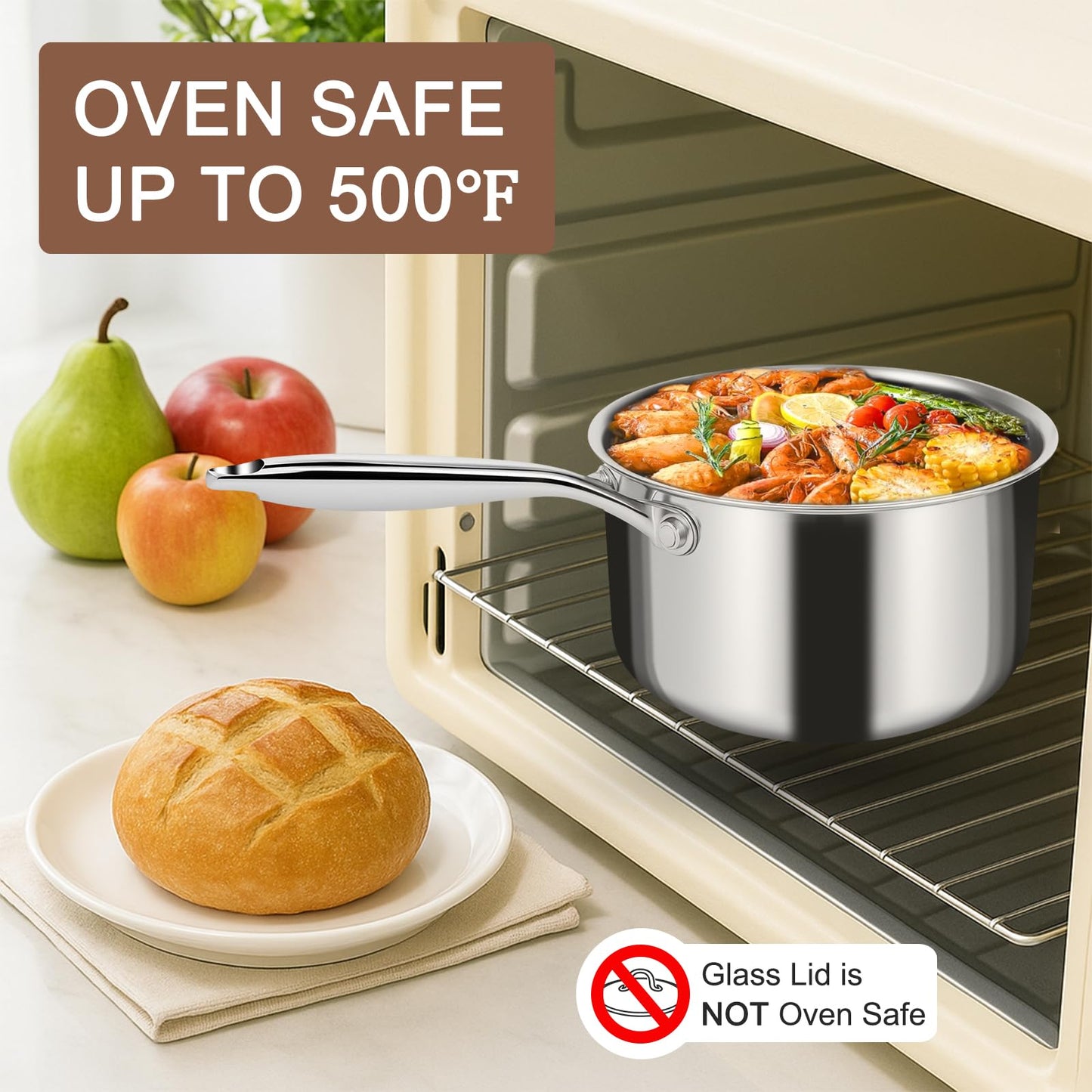 EWFEN 3 Ply Stainless Steel Sauce Pan Set with Lids, 1 & 2 Quart Multipurpose Cooking Pot, Stay-Cool Handle, Induction Oven Dishwasher Safe, 1QT & 2QT