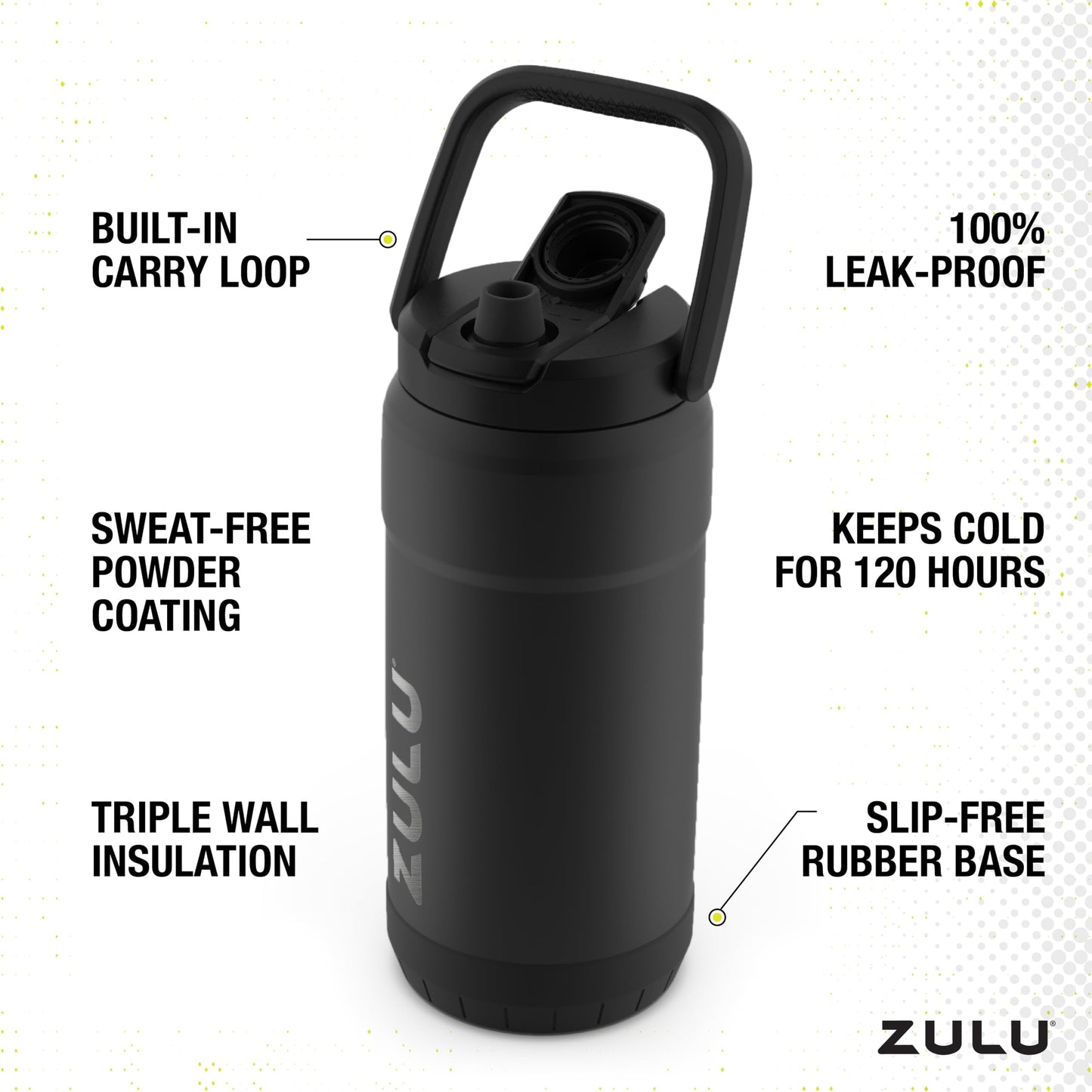 ZULU Goals 101oz Vacuum Triple Wall Insulated | Large Stainless Steel Water Bottle Thermoses with Carry Handle | Chug and Straw Spout | Travel, Gym, Hiking, Camping | 120 Hours Cold | Black