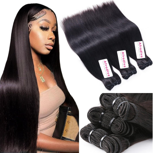 Afrodiva Straight 3 Bundles Human Hair 16 18 20 Inch 100% Unpro cessed Brazilian Virgin Human Hair Bundles Double Weft Weave Bundles Straight Hair 70g/Bundle Hair Natural Color