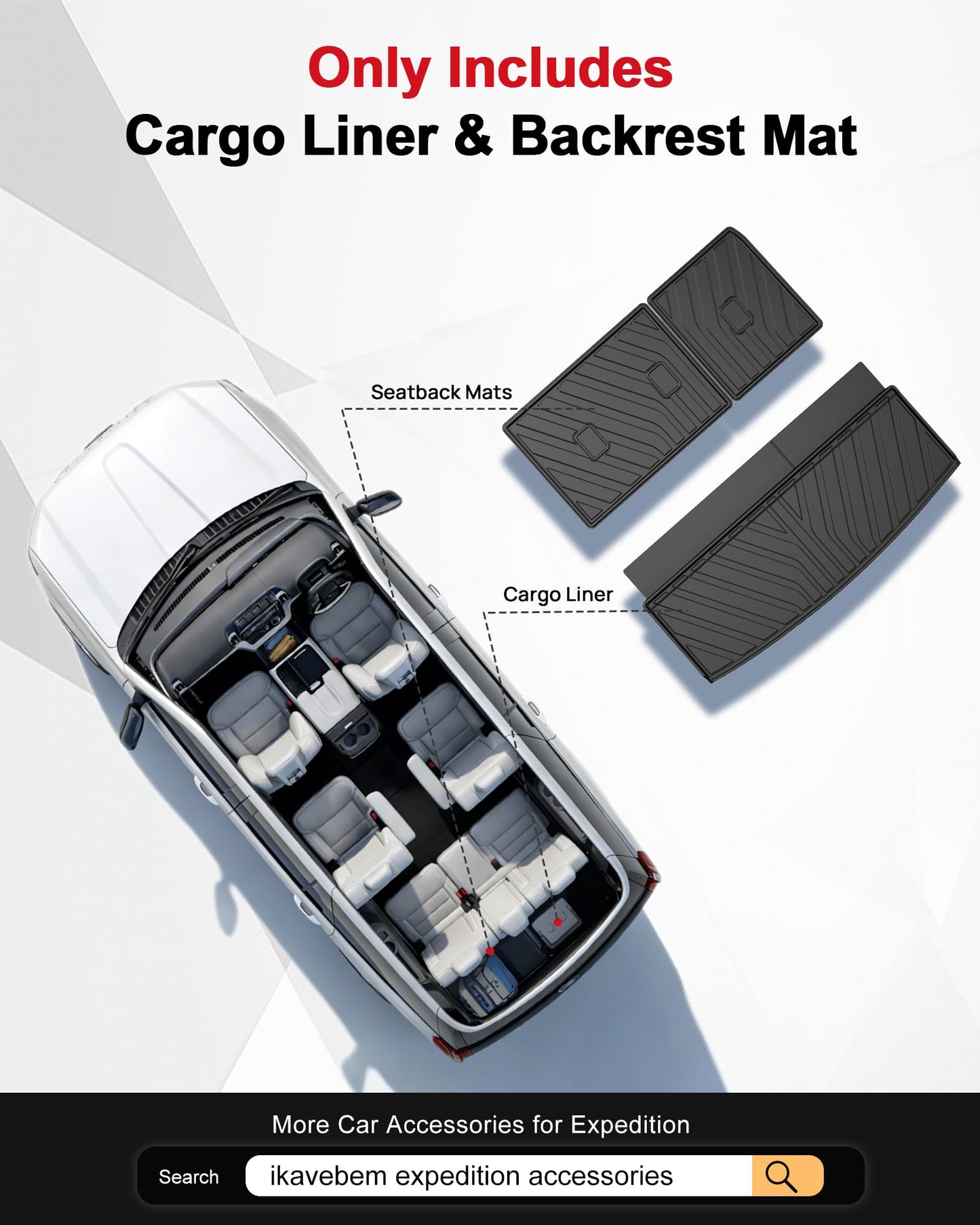 Original 2018-2024 Expedition Cargo Mat & Backrest Mat for Ford Expedition (Not for Max Model) - Custom Fit Trunk Liner and 3rd Row Seat Back Cover All Weather Car Accessories