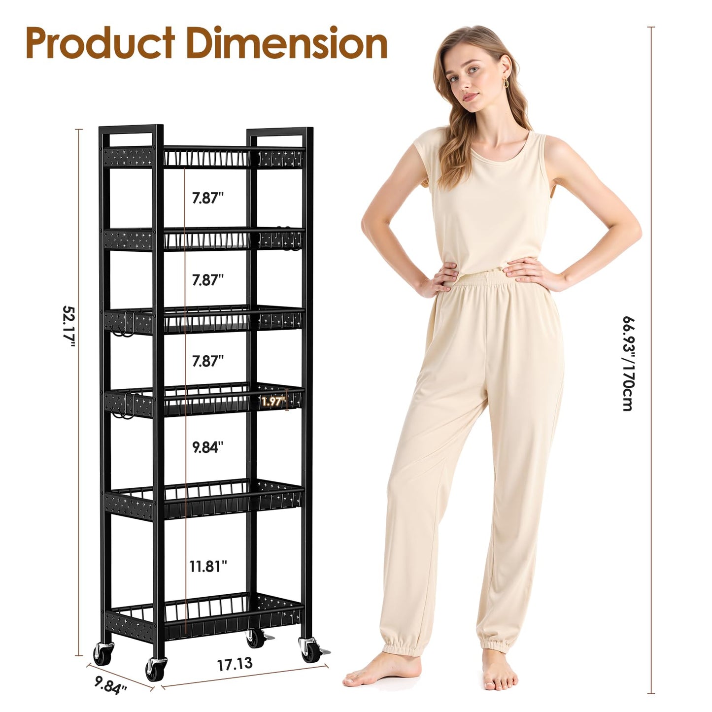 Kssiaz 6 Tier Slim Storage Cart, Narrow Rolling Cart with Wheels, Narrow Mobile Utility Shelf Unit Organizer for Kitchen, Bathroom, Laundry Room, Living Room, Small Places, 10in(W), Black