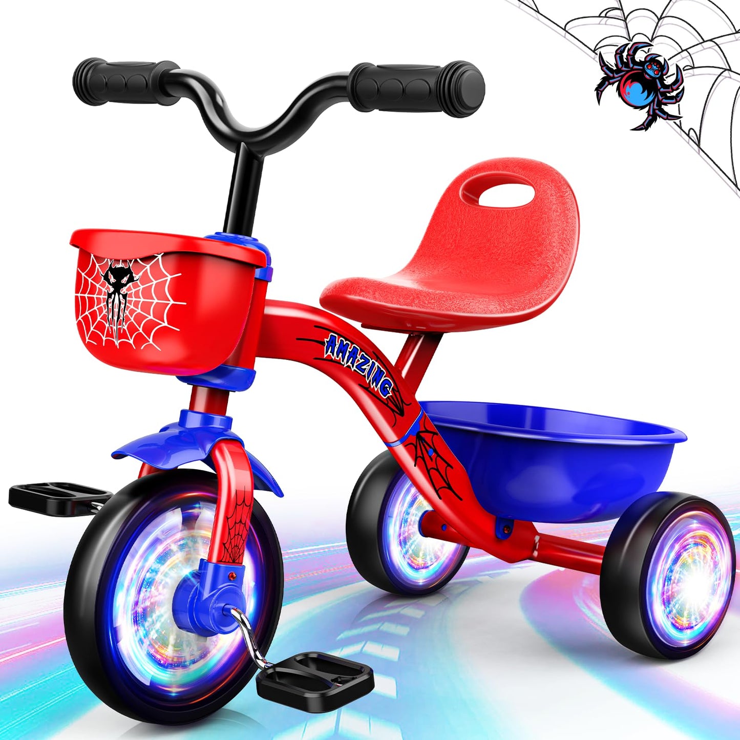 Tricycle Spider Bike Baby Balance with Colorful Lighting Wheels & Large Basket