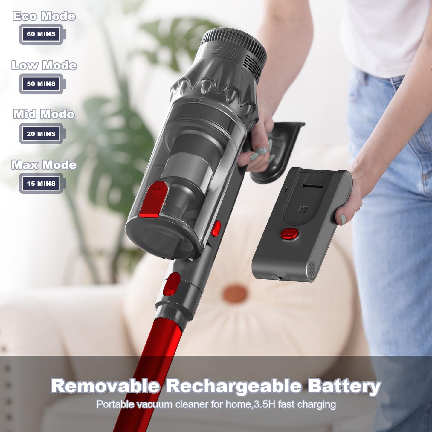 FUNCCUBE Vacuum Cleaners for Home - Cordless Stick Vacuum Cleaner, Lightweight High Power Vac for Pet Hair Carpet Hardwood Floor, Handheld Portable Wireless Rechargeable Battery Household Vac,Red