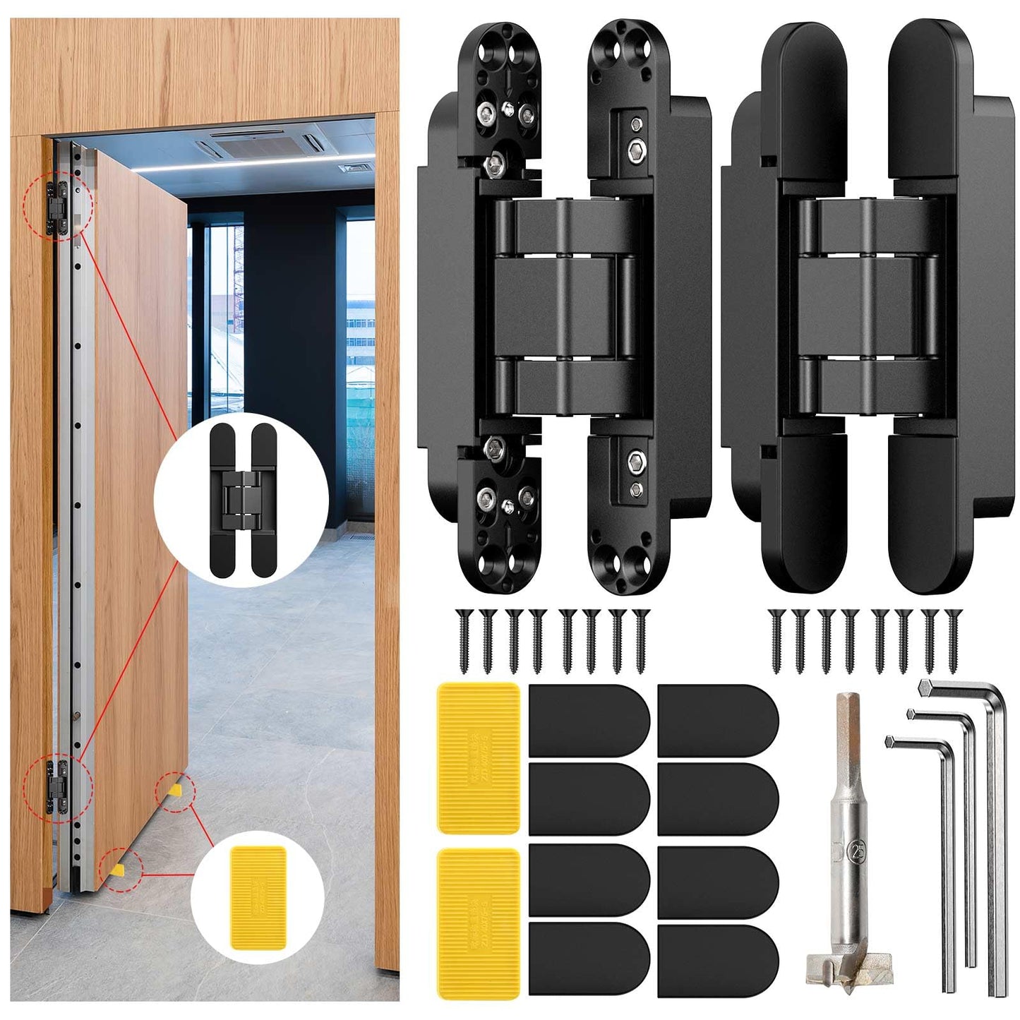 Lipshome 6" Hidden Door Hinge/Invisible Door Silent 180 Degree Swing Hinge 3-Way Adjustable Butt 6 x 2.5 x 1 Black (Pack of 2) (Black)