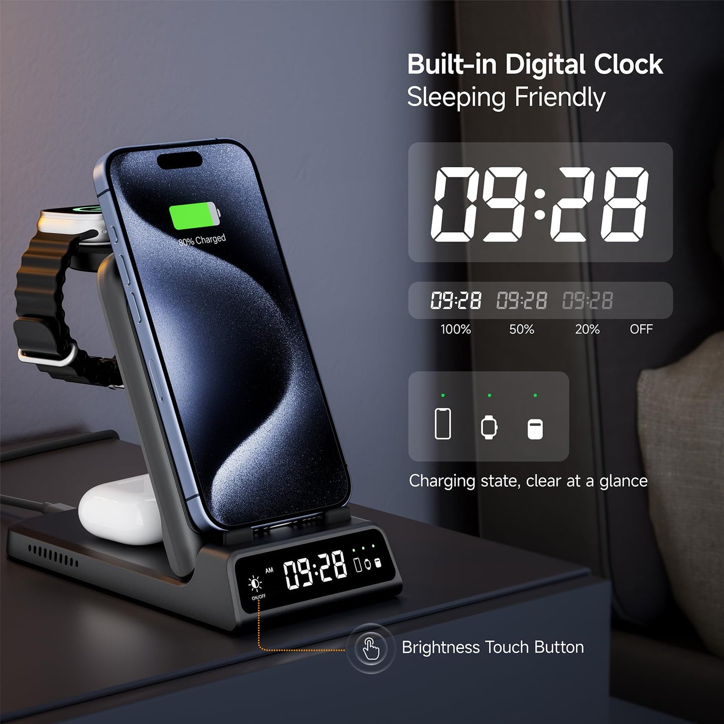 Charging Station for iPhone, SwanScout 703A, Wireless Charger for iPhone 16/15/14/13/12/11 Series, for Apple Watch 10/Ultra 2/9/8/7/6/5/SE, for Airpods Pro 2, Travel Foldable and Portable