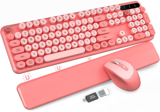 Wireless Keyboard and Mouse - Cute Typewriter Keyboard with Detachable Wrist Rest, Retro Round Keycaps, Foldable Legs, 2.4GHz Full-Size Keyboard Combo for PC, Laptop, Windows - Trueque (Colorful-Pink)