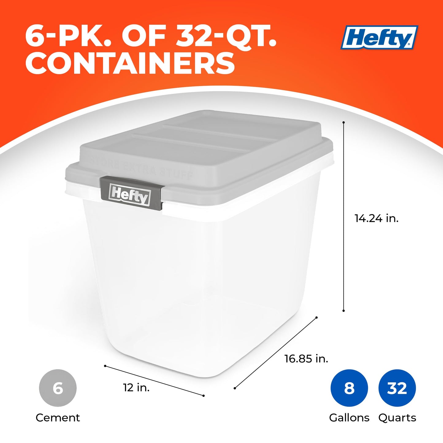 Hefty 32 Qt Hi-Rise Storage Bin with Lid, Stackable Plastic Storage Container, Organizer for Home, Garage & Closet, 6 Pack, Gray