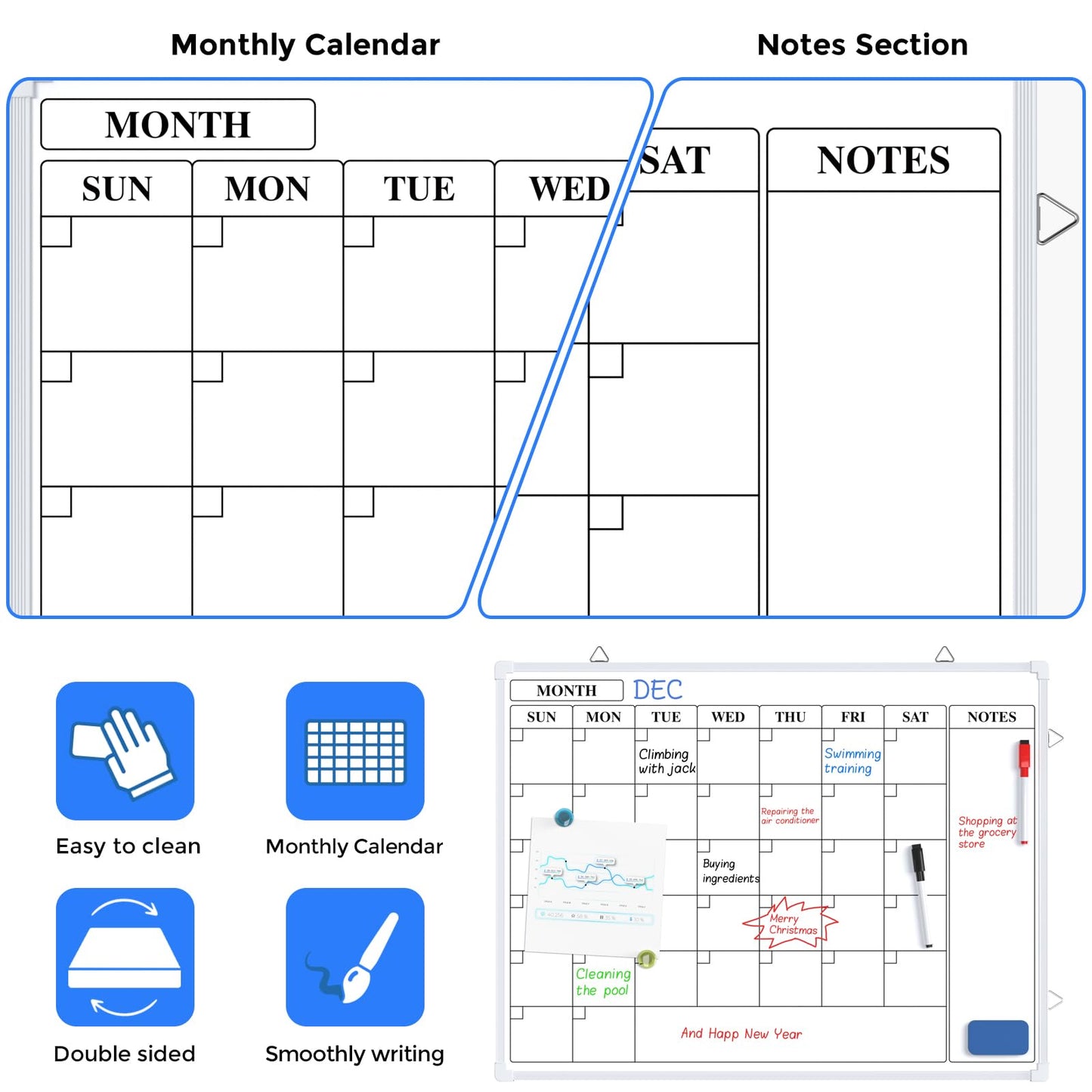MaxGear Monthly Calendar Dry Erase Board for Wall, 24"x18" Magnetic Double-Sided White Board, Hanging Whiteboard for Planning, Drawing, Memo, to Do List, School, Home, Kitchen, Office