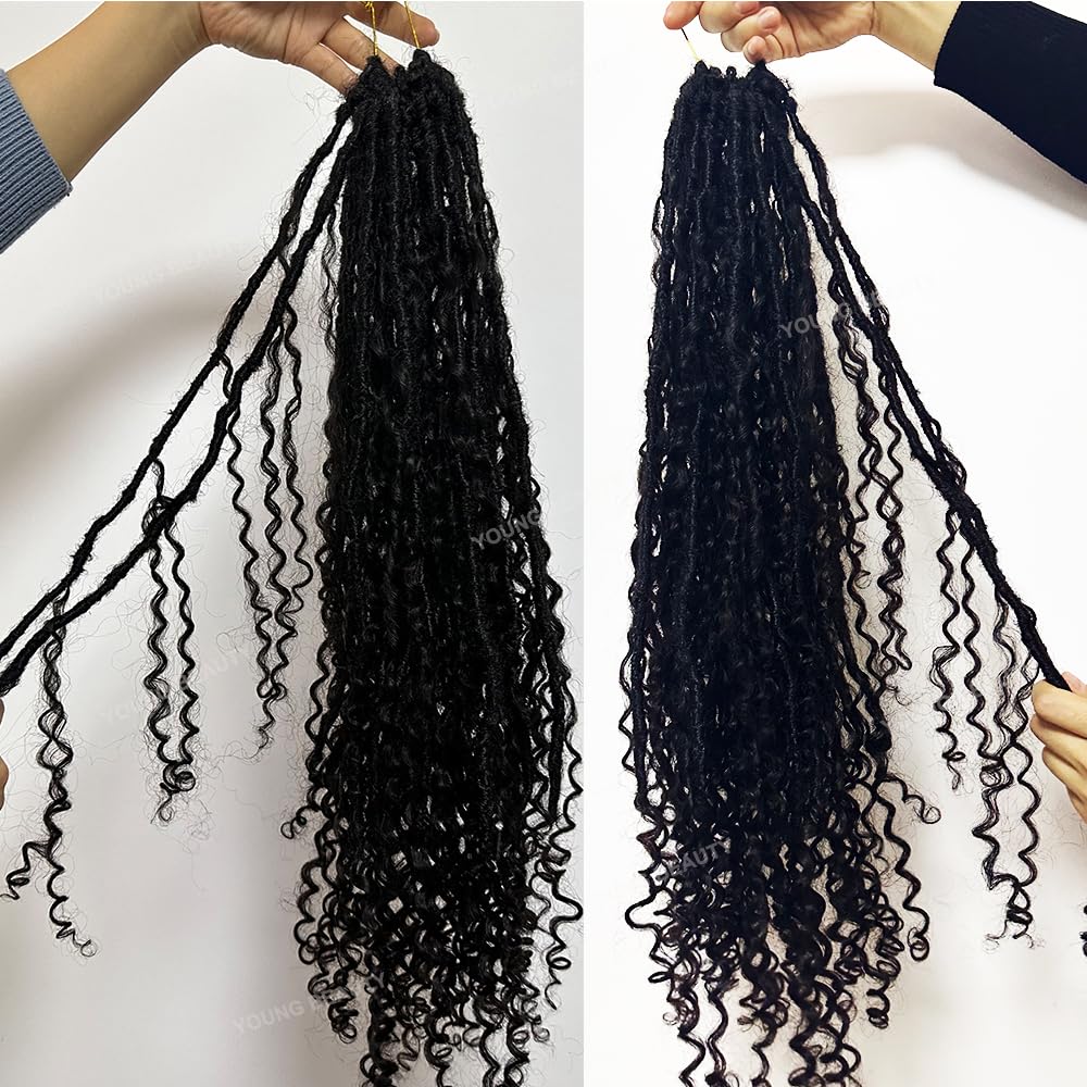 Pre-looped Crochet Locs with Human Hair Curls Dreadlocks Hair With Curly Human Hair End Soft Messy Boho Faux Locs for Women 26inch 24 Locs