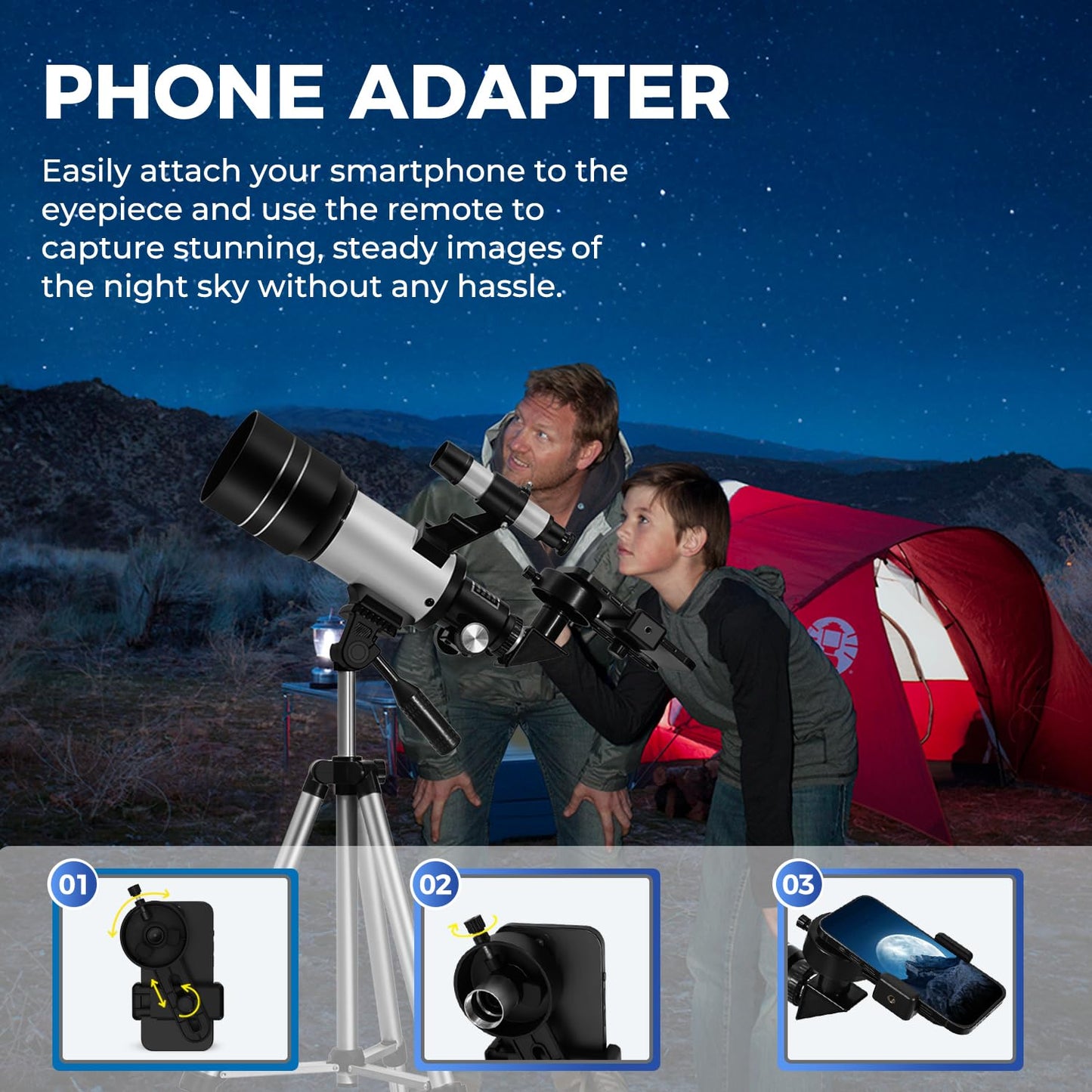 ESAKO Telescope for Kids & Beginners, 70mm Aperture Portable Telescopes with 3 Eyepieces, Height Adjustable Tripod & Phone Adapter & Remote Control Gift for Christmas