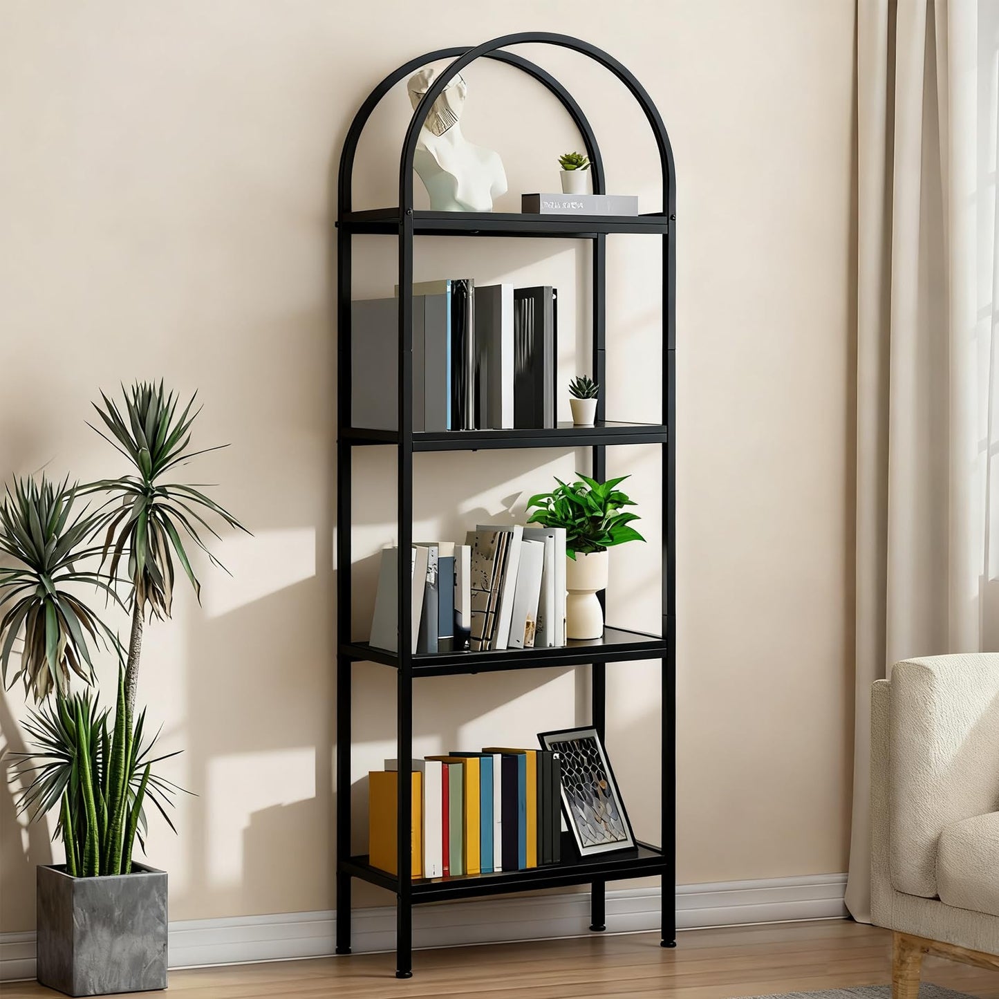IDEALHOUSE Bookshelf 4 Tier,Arched Display Racks,Tall Shelf for CDs/Books, Modern Storage Rack Shelf Large Wood Book Shelf for Bedroom, Living Room, Home Office
