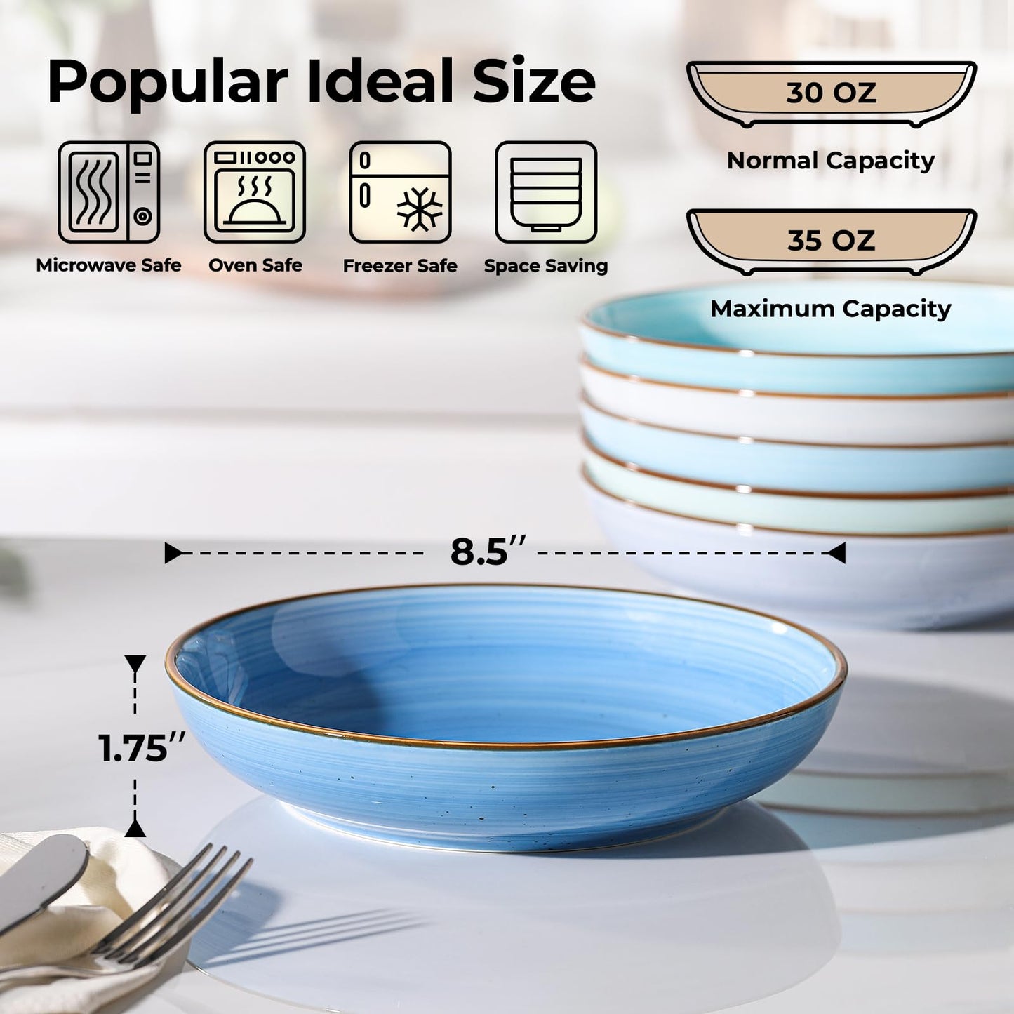 Y YHY 8.5'' Pasta Bowls Set of 6, 30 oz Ceramic Shallow Salad Bowls, Large Serving Soup Bowls Pasta Plates, Microwave & Dishwasher Safe Dinnerware Valentine's Day Gift, Gradient Blue