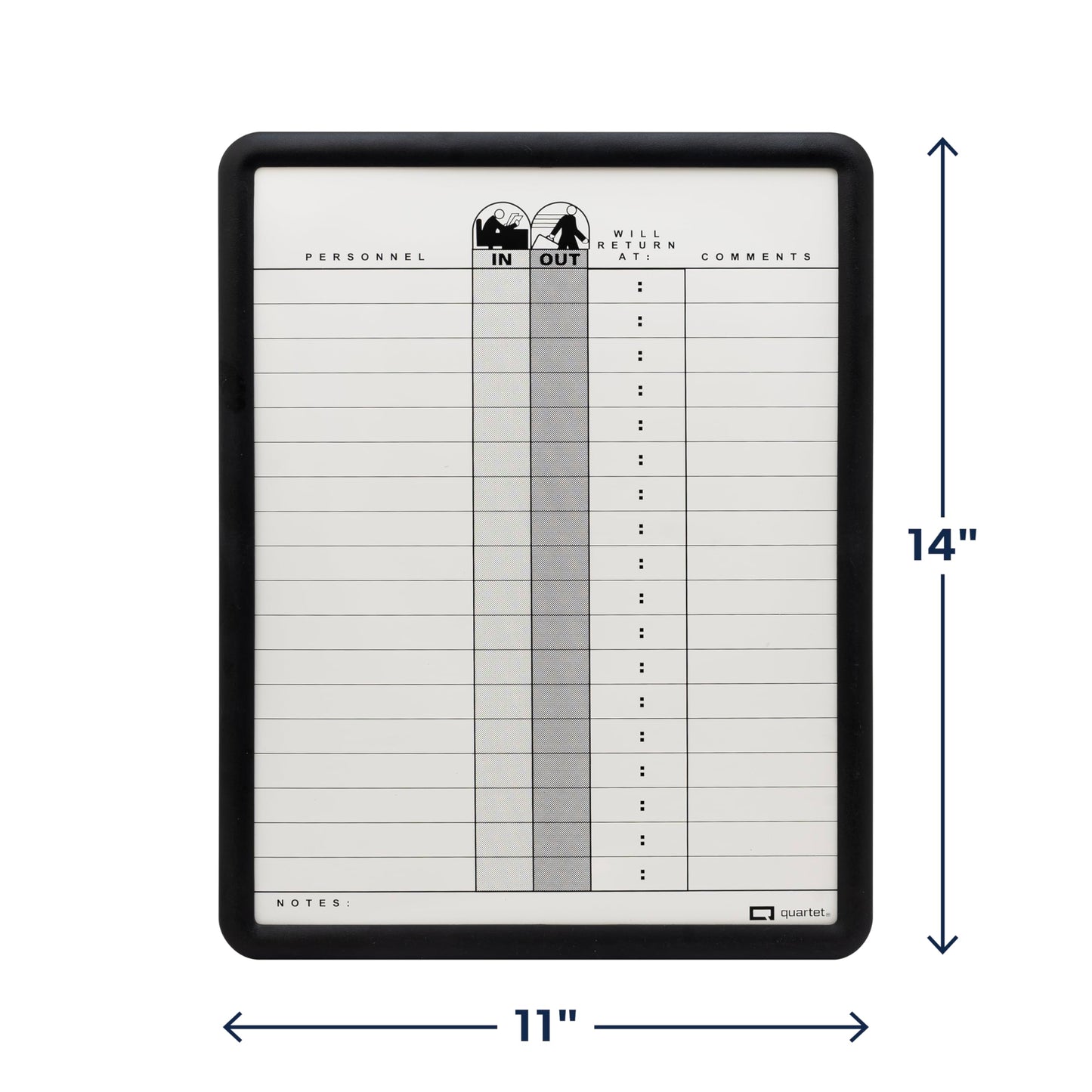 Quartet In and Out Dry Erase Magnetic Board 11"W x 14"H, In & Out Personnel Matrix for 18 Names, DuraMax Porcelain, Black Frame (750)