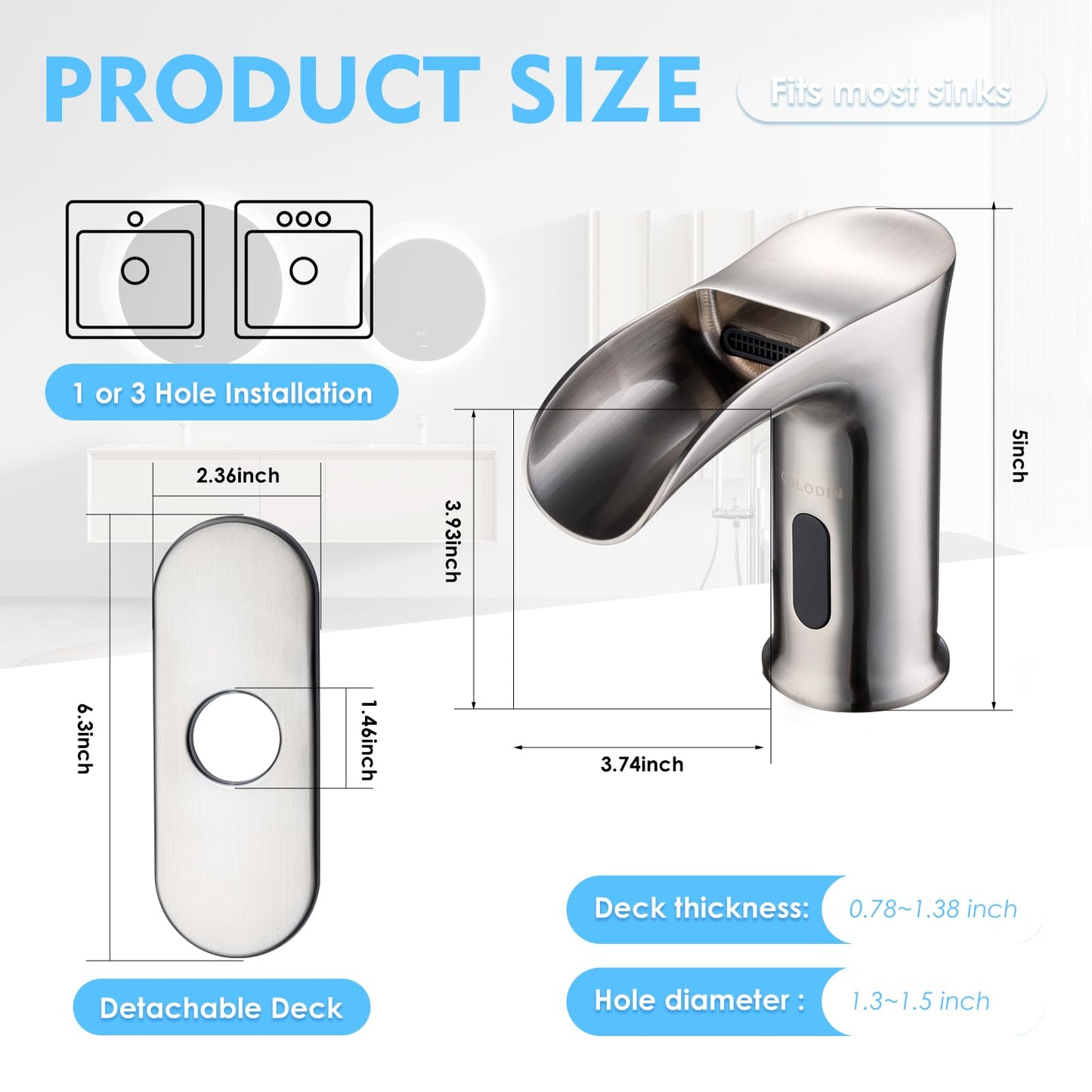 CDLODIN Automatic Sensor Touchless Waterfall Bathroom Sink Faucet, Modern Electronic Sensor Lavatory Faucet, Brushed Nickel Hands Free Vanity Faucets with Control Box and Temperature Mixer
