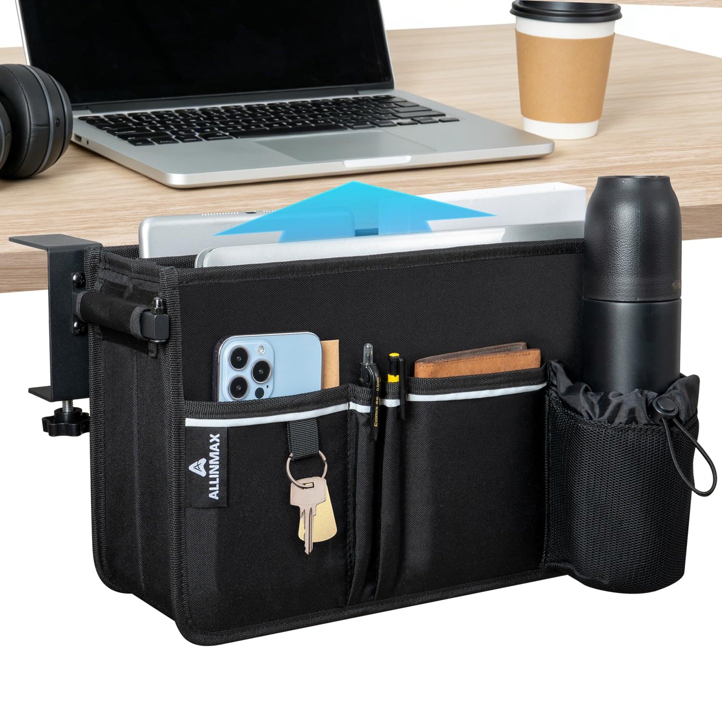 ALLINMAX Side Desk Laptop Holder for Up to 3 Laptops, Side Desk Organizer with Adjustable Divider & Bottle Pocket, Soft-Lined Interior, Clamp Mount Side Desk Storage, Fits 0.6″-3.2″ Flat Edge