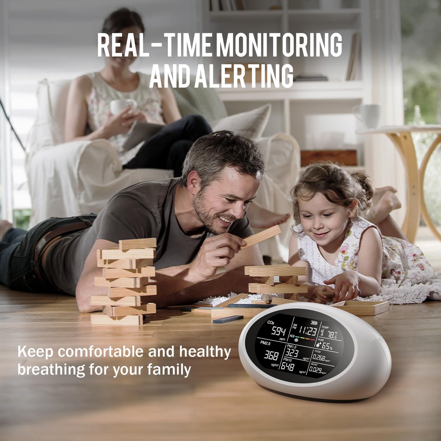18 in 1 Air Quality Monitor Indoor, Portable CO2 Detector for CO2, Temperature (°F), Humidity, VOC, PM2.5, PM1.0, PM10 & Time Display, 【Dual Chip & High Accuracy】 Air Quality Tester for Home