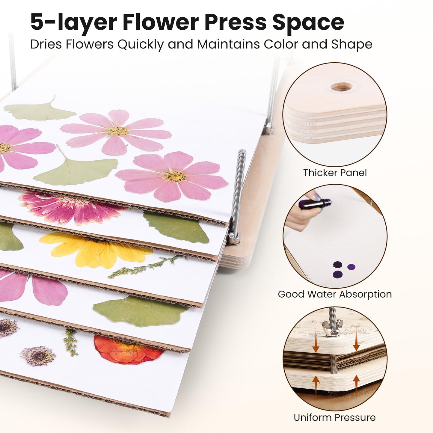Aboofx Flower Press Kit, Craft Kits 17" x 11.8" 5-Layers Wooden Flower Pressing Kit for Crafts Pressed Flowers and Plant for DIY Art, Preservation for Bookmark Frame Wedding Drying