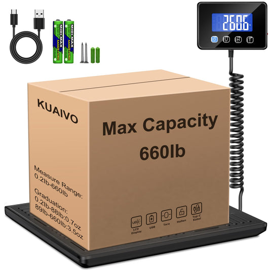 KUAIVO Shipping Scale, 660lbs Heavy Duty Digital Luggage Scale for Packages, 0.35oz High Accurate Postage Scale for Small Business, Warehouse, Home Use, Battery & Charging Cable Include