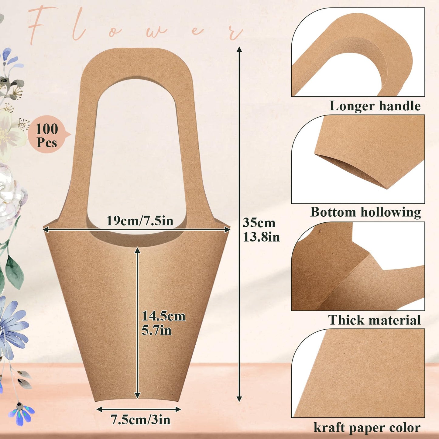 Gilprop 100 Packs Kraft Paper Flowers Gift Bags with Handle, 13.8'' Flowers Bouquet Holder for Wedding, Valentines Day Decoration, Florist Shop