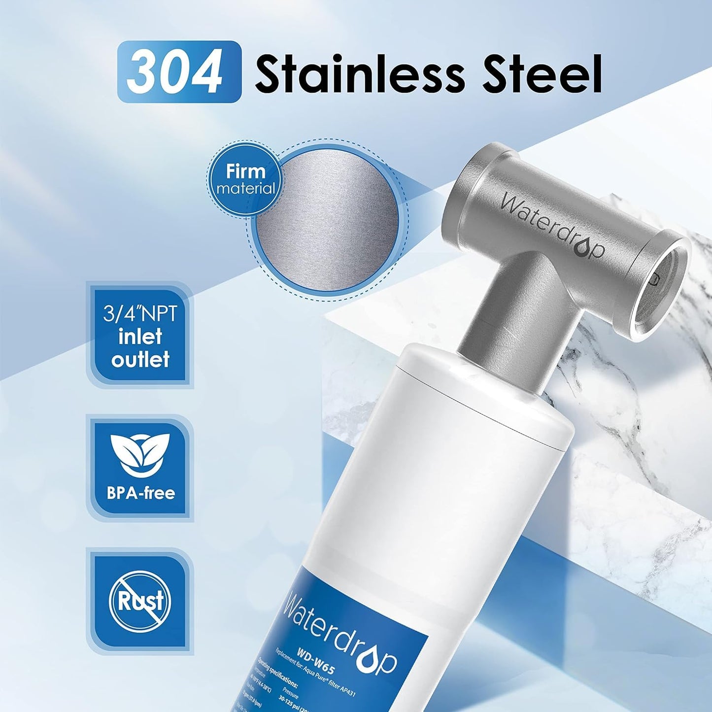 Waterdrop AP431 AP430SS Whole House Scale Inhibitor Filter, Heater Softener System, Prevent Scale Build Up On Hot Water Heaters, Pipes and Boilers