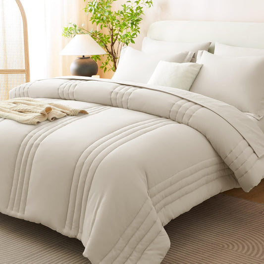 CozyLux King Size Comforter Set Beige - 7 Pieces Bed in a Bag, Modern Vertical Quilted Room Decor, Soft All-Season Bedding Gift with Comforter, Sheets, Pillowcases & Shams