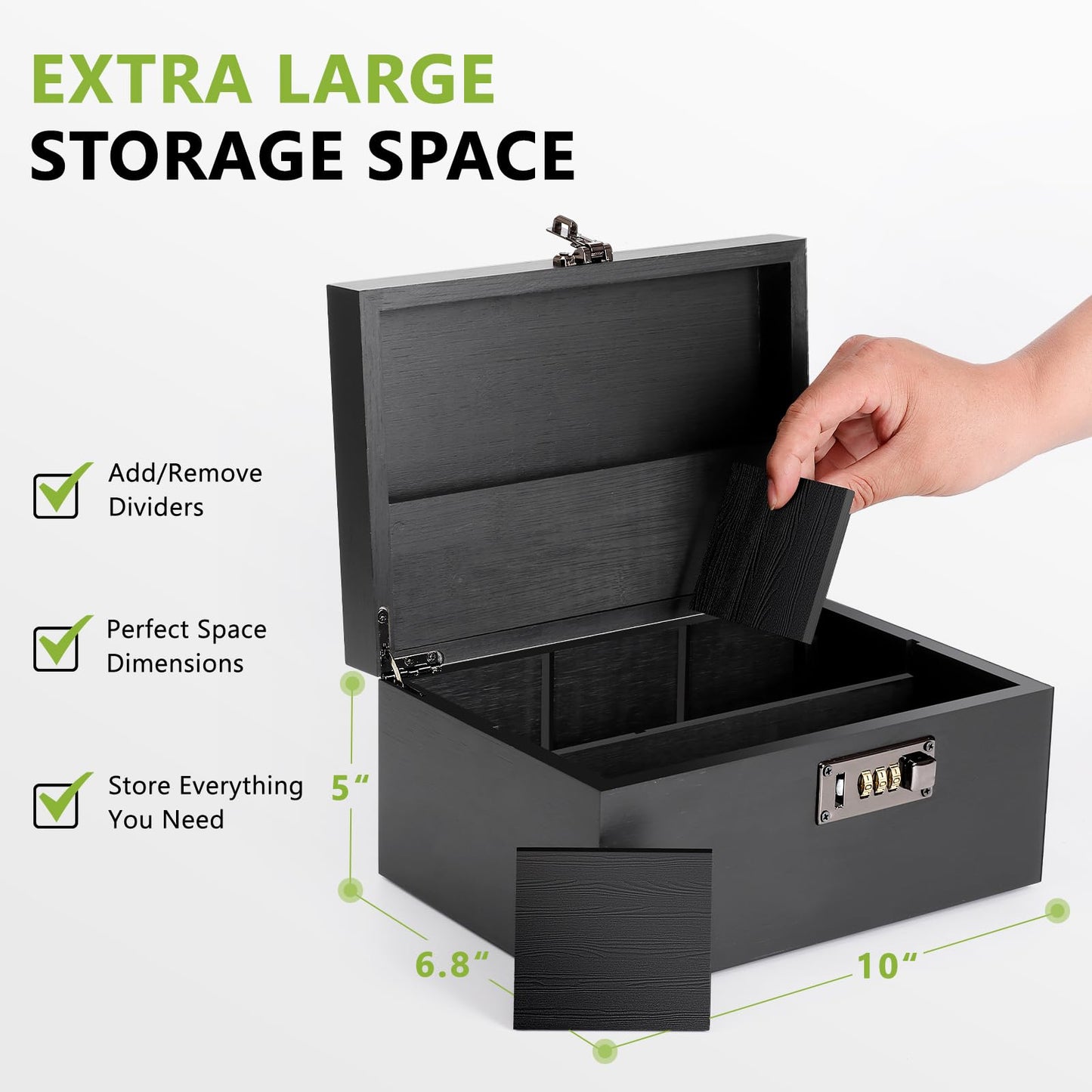 OZCHIN Large Bamboo Box with Combination Lock Decorative box for Home Great Gift Choice Storage Lockbox with Storage Jar, Gifts for Men Women (Black, 10 x 6.9 x 5 inches)