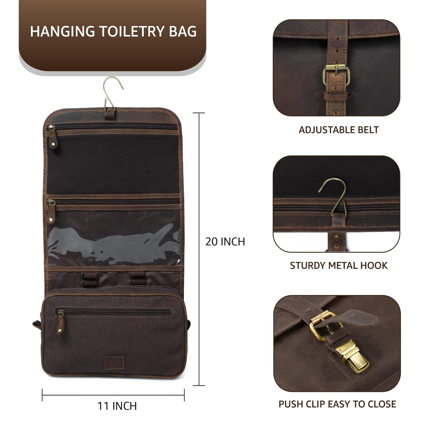 LEATHER VILLAGE Hanging Toiletry Bag for Men & Women, Leather Toiletry Bag for Men, Mens Toiletry Bags for Traveling, Hanging Travel Toiletry Bag, Mens Travel Bag Toiletry, Dopp Kit Shower Bags-Brown