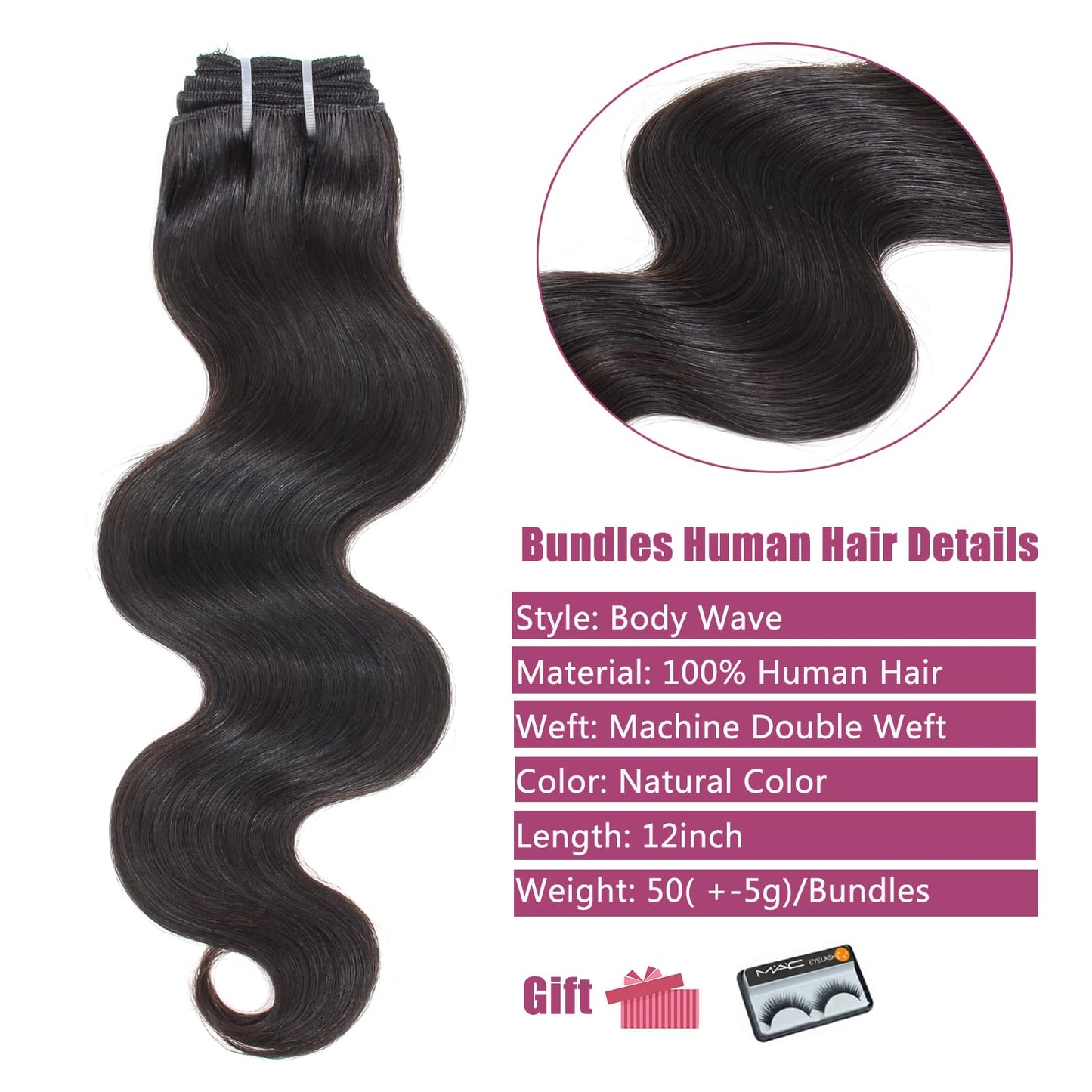 Body Wave Bundles Human Hair 4 Bundles 12 Inch 12A Human Hair Bundles 100% Unprocessed Brazilian Virgin Hair Quick Weave Deals Human Hair Natural Black Color (12/12/12/12, 4 Bundles)