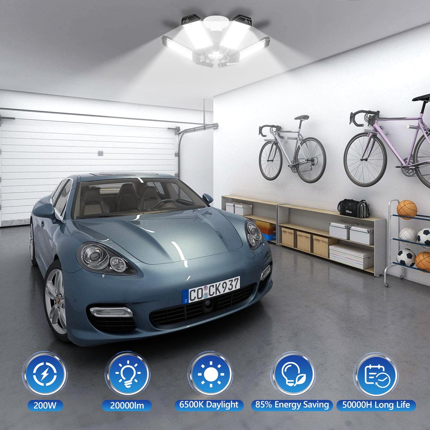 XINGHUANLIT Garage Lights 6 Pack - 200W 20000LM Garage Lights Ceiling LED 6500K, Screw in Shop Lighting with 6+1 Adjustable Panels for E26/E27 Bulb Socket, for Workshop Basement Barn