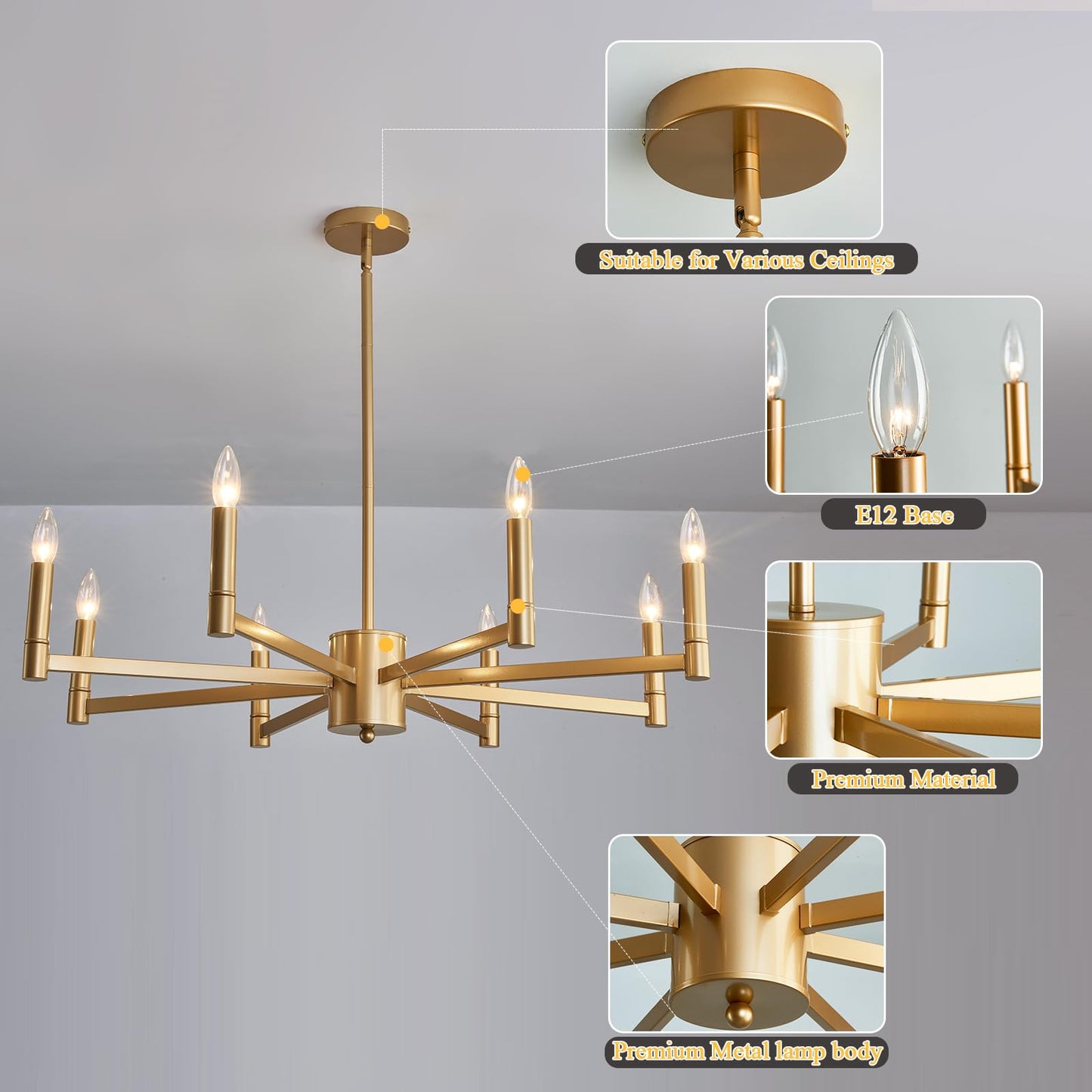 ASGYISA 8-Light Gold Candle Chandeliers Modern Farmhouse Ceiling Light Fixture Industrial Lighting for Dining Room Living Room Bedroom Kitchen Island Foyer