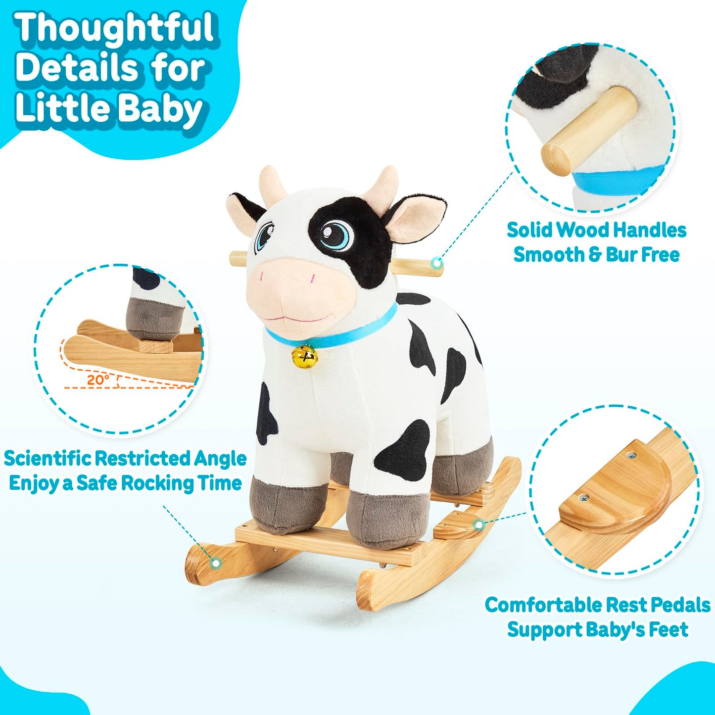 FUNLIO Cow Rocking Horse Ages 1-3, Adorable Baby Rocking Horse with Cuddly Head, Bright Sparkling Eyes & Jingling Bell, Stuffed Plush Ride-on Baby Rocker, Easy to Assemble, CPC & CE Certified