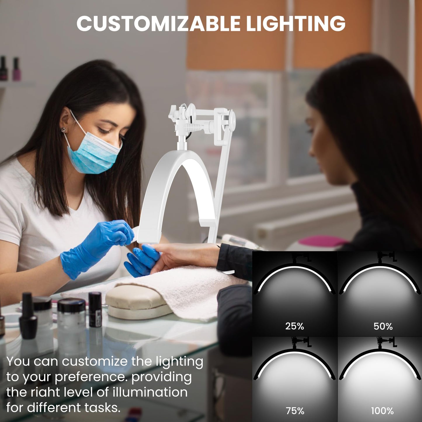 gelpal 3000 Lm Adjustable LED Half Moon Light with Clamp & Task Lamp - Bright, Dimmable Lighting for Office, Crafts, Nails &Salon, Remote Control (CCT，White)