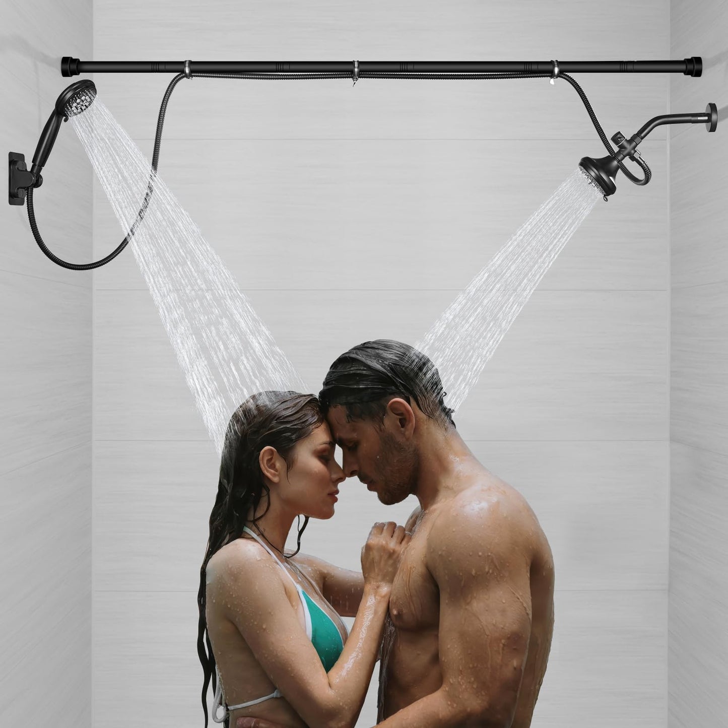 GBBNE Double Shower Head Dual for Couples High Pressure and Adjustable Tandem Shower Head System for 2 People Matte Black