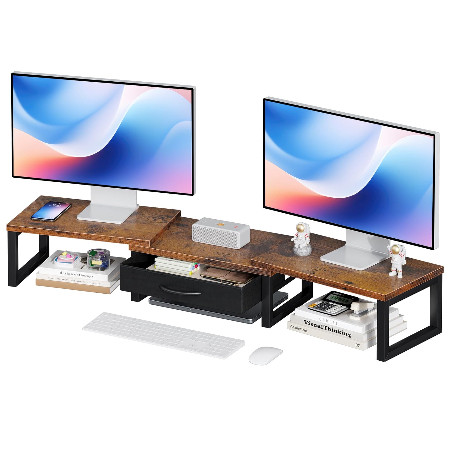 HEWORLIF Desk Organizers and Accessories, Dual Monitor Stand Riser with Drawer, Computer Monitor Stand, Adjustable Desk Shelf for PC Laptop Printer TV, Brown