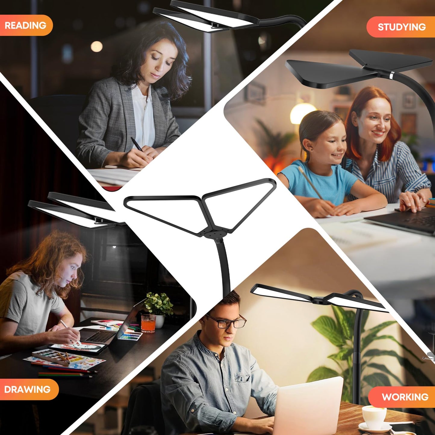 Ultra-Large Dual-Source Clamp-On Gooseneck Desk Lamp | 5000 Lumen LED Study Light with Flexible Arms, 5 Brightness & 4 Color Modes for Home Office/Reading/Gift