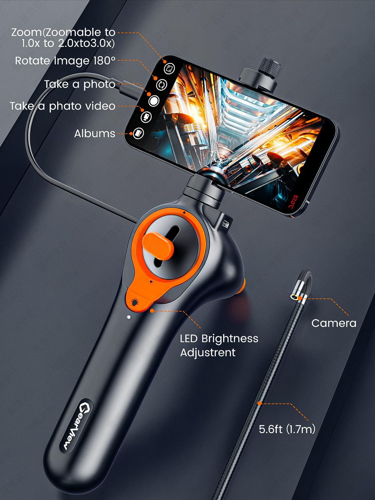 GearView 210°Articulating Borescope Camera - Inspection Camera 6 Light, Endoscope with 6.2mm IP67 Waterproof Probe, 3X Zoom 2-Way Borescope with Flexible Cablegabg