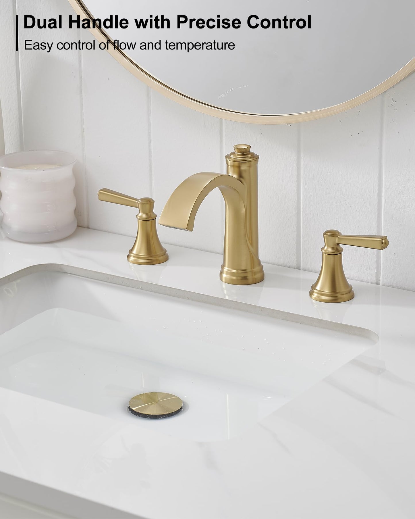HEYMYTAP Brass Bathroom Waterfall Faucet, 4-16 Inch Brushed Gold Bathroom Faucet Widespread Bathroom Sink Faucet, 2 Handles Bathroom Faucets for Sink 3 Hole with Pop Up Drain, Water Hoses
